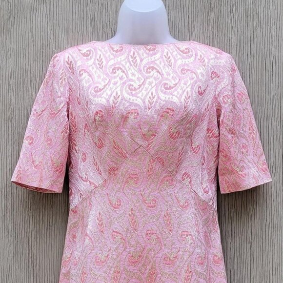 Vintage 60s Midcentury Mod Bubblegum Pink Metallic Brocade Jacquard Sheath Dress - Picture 3 of 7